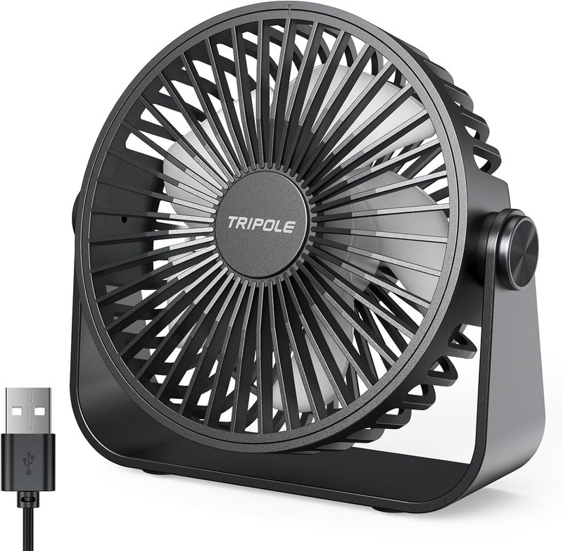 TriPole مروحة مكتب USB محمولة صغيرة قوية 3 سرعات هواء مروحة شخصية مكتبية مع دوران رأس 360° للاستخدام المنزلي والمكتبي والسيارة داخليًا وخارجيًا باللون الأسود، بدون بطارية، 4.5 بوصة - Image 1